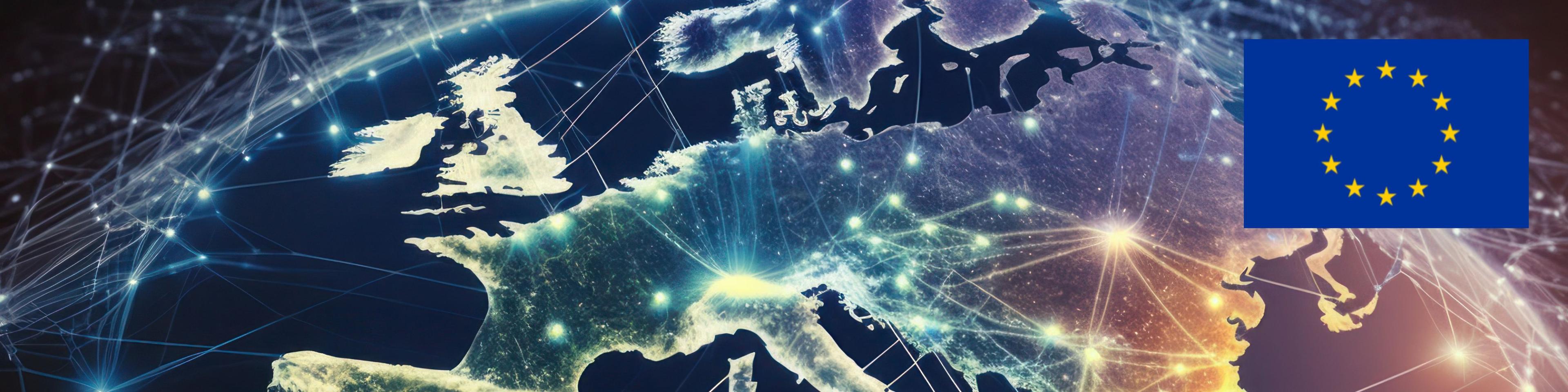 Europe is connected through communication technology to the global internet network. European connection lines for data transfer and communication. IoT, business, money, and security